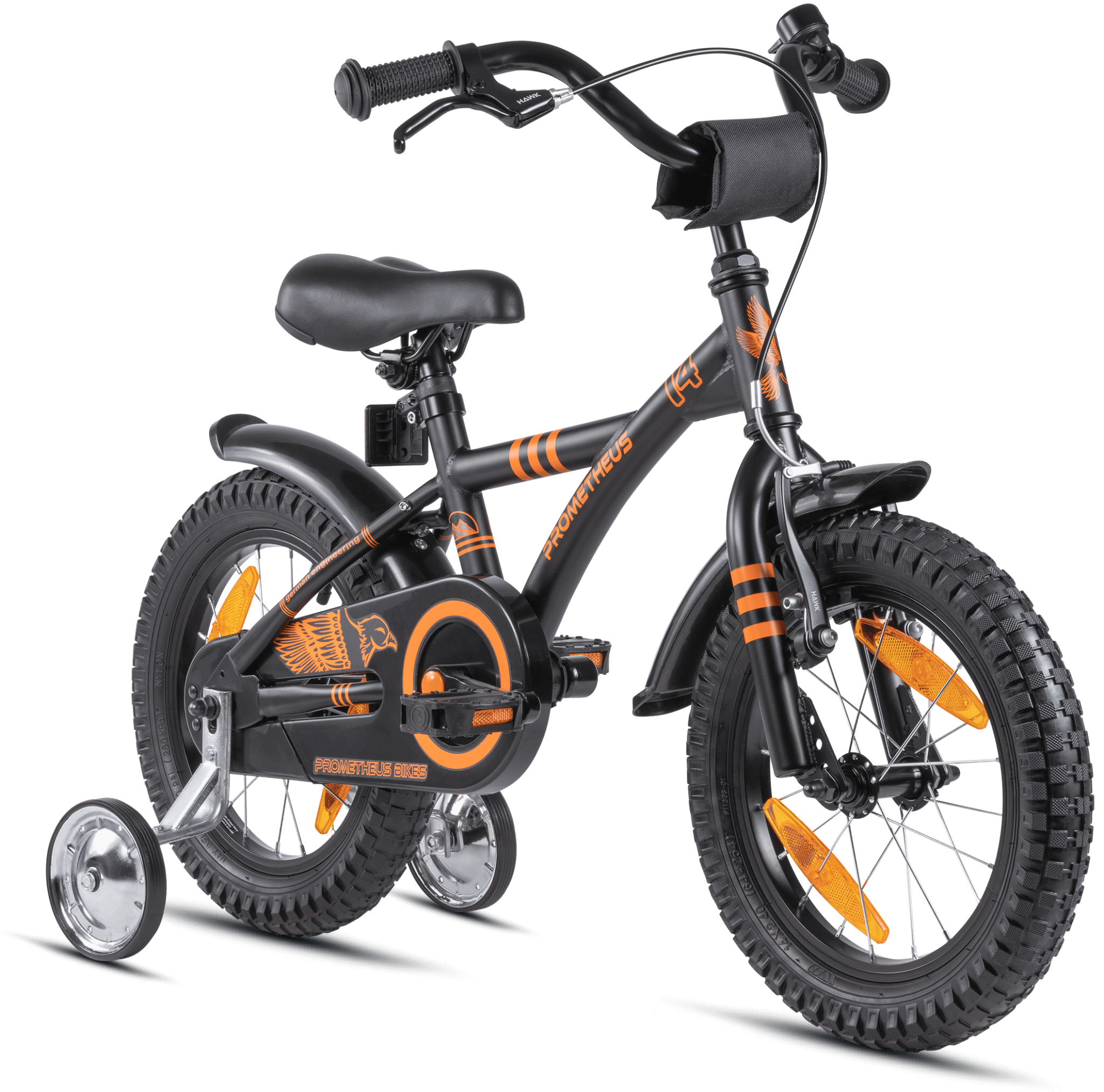 Kinderfahrrad 14 Zoll ab 3-4 Jahre mit Stützräder in Schwarz Matt & Or – prometheus-bikes