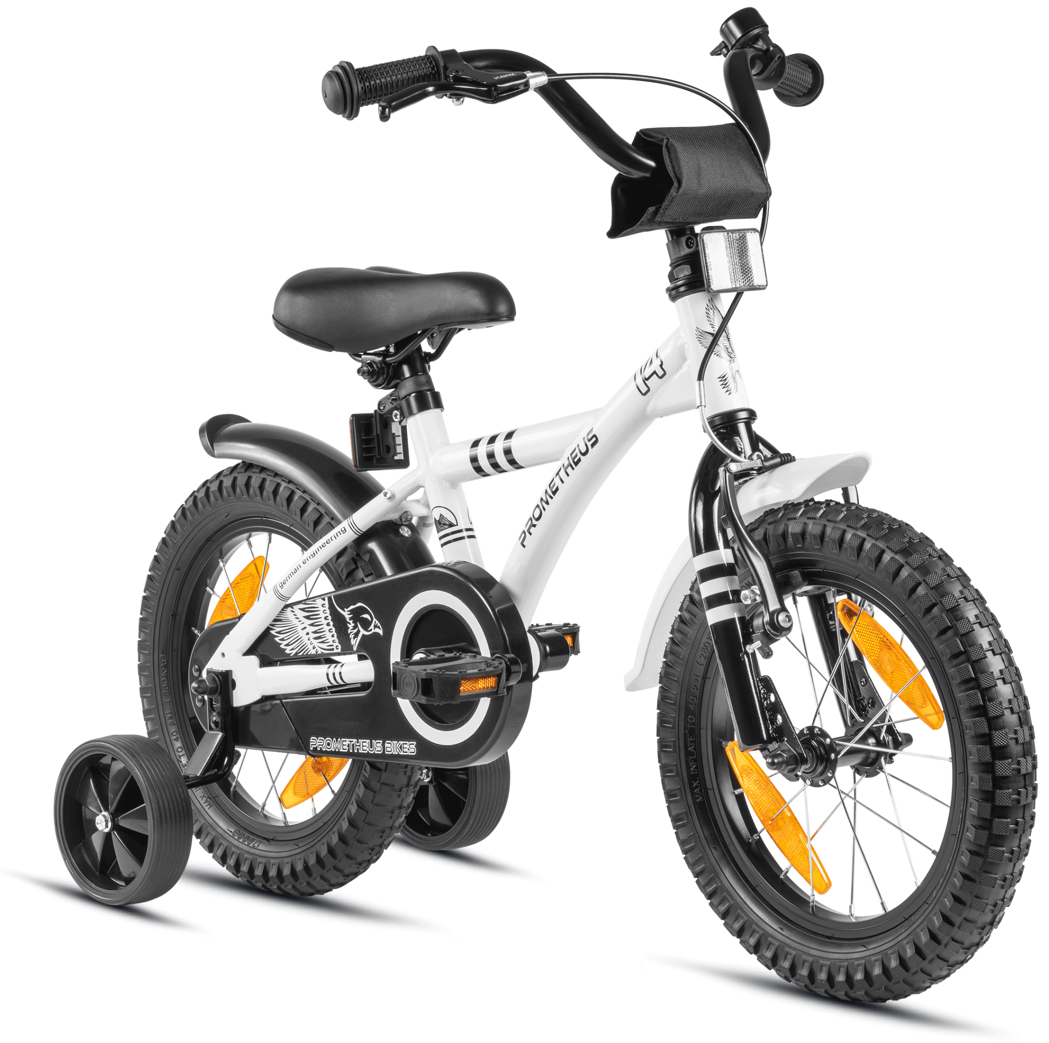 Kinderfahrrad 14 Zoll ab 3-4 Jahre mit Stützräder in Weiß & Schwarz –  prometheus-bikes
