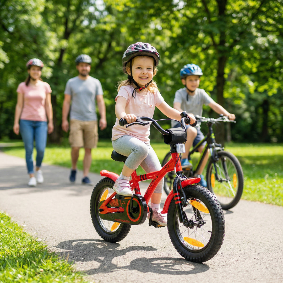 prometheus kinderfahrrad 14 zoll rot kids' bike 14 inch from 3-4 years with stabilisers in red & black