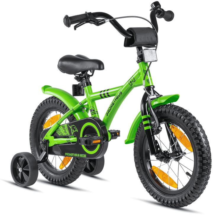 Children's bike 14 inches from 3-4 years with training wheels in green &amp; black