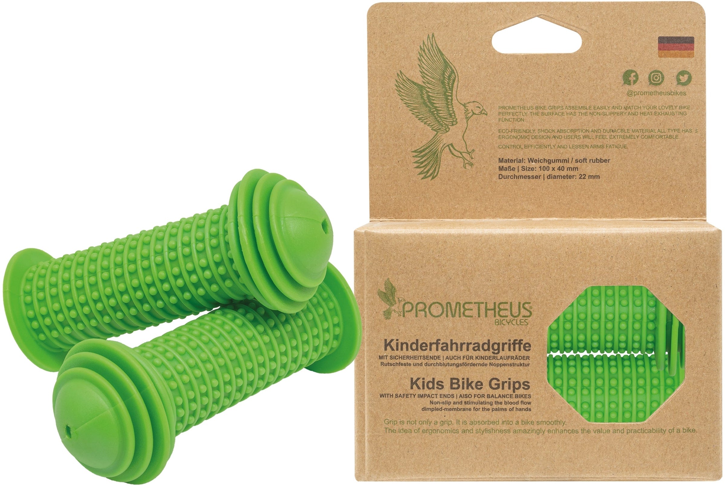 Children s handlebar grips with safety end in green prometheus bikes