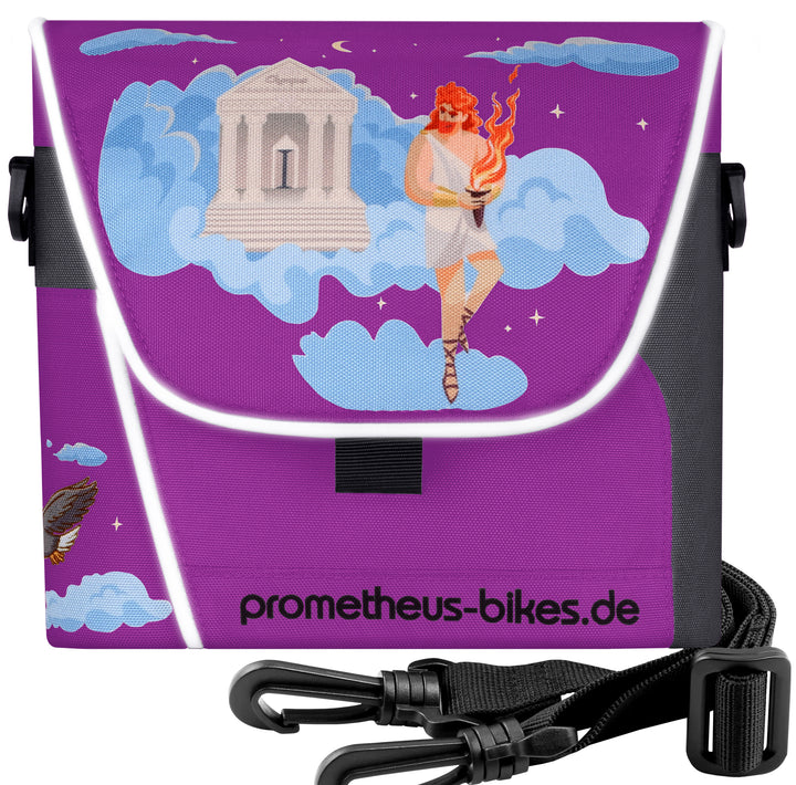 Handlebar bag with carrying strap &amp; 3 straps security in purple