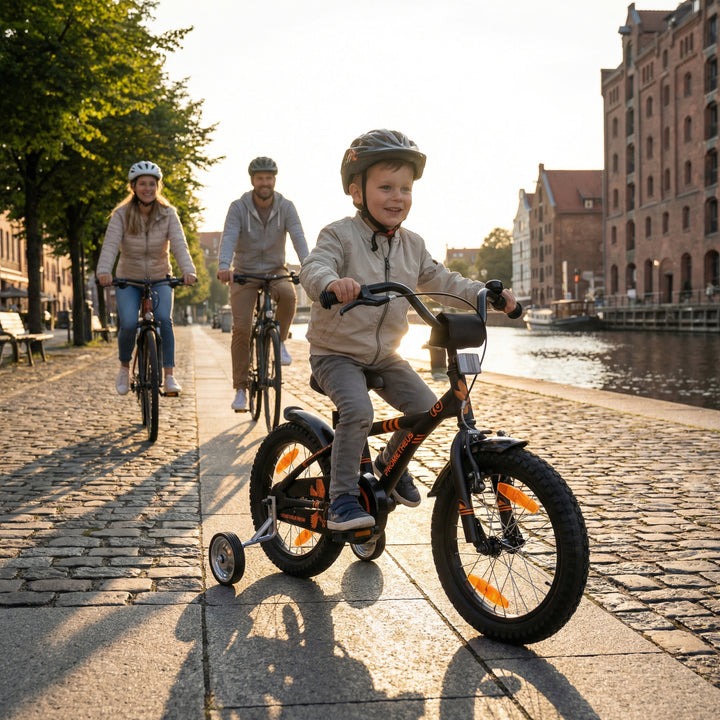 Kinderfahrrad 16 Zoll ab 4-5 Jahre mit Stützräder in Schwarz Matt & Orange