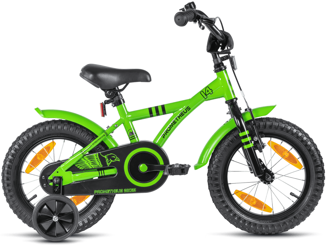 Children's bike 14 inches from 3-4 years with training wheels in green &amp; black