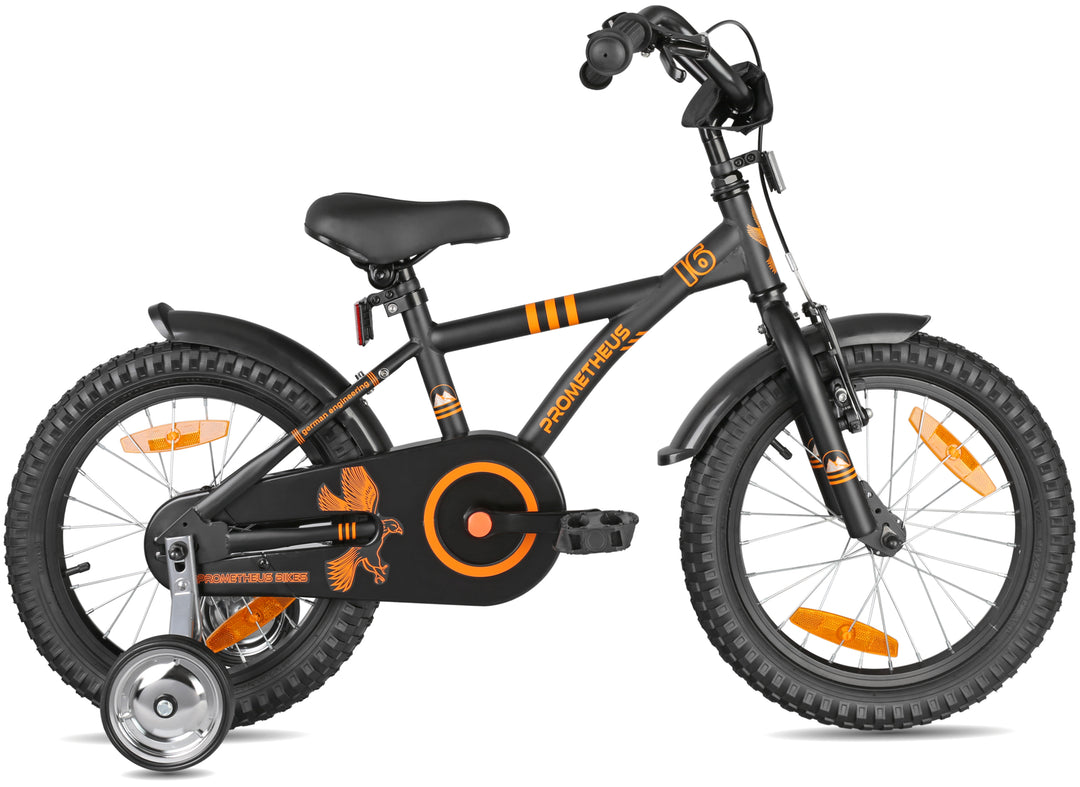 Kinderfahrrad 16 Zoll ab 4-5 Jahre mit Stützräder in Schwarz Matt & Orange