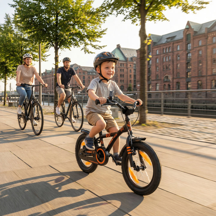 Kinderfahrrad 14 Zoll ab 3-4 Jahre mit Stützräder in Schwarz Matt & Orange