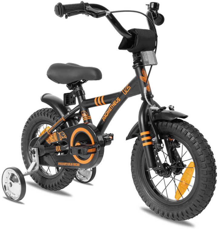 Children's bike 12 inches from 3 years with training wheels in black matt &amp; orange