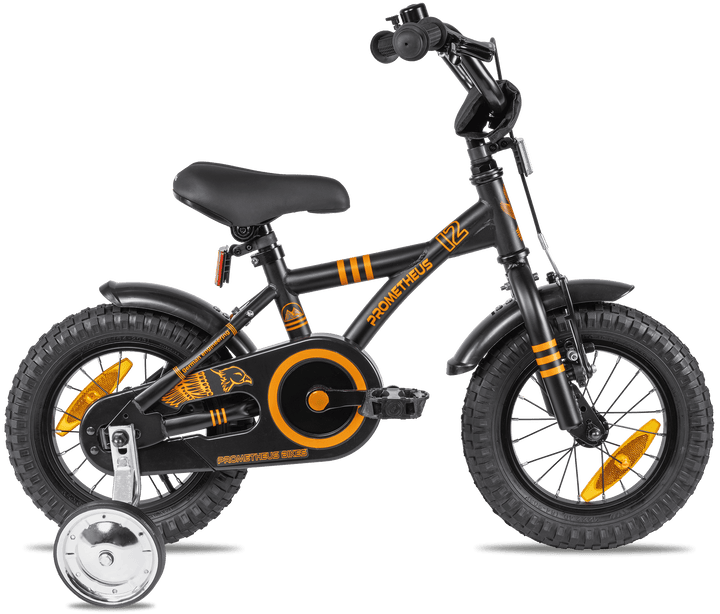 Children's bike 12 inches from 3 years with training wheels in black matt &amp; orange