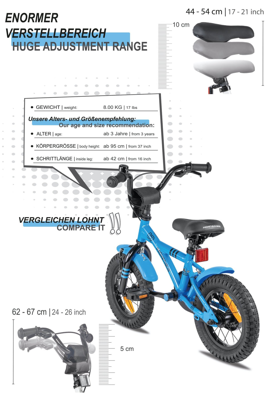 Kinderfahrrad 12 Zoll ab 3 Jahre mit Stützräder Blau & Schwarz – Kinderfahrrad 12 Zoll von prometheus - bikes | prometheus - bikes