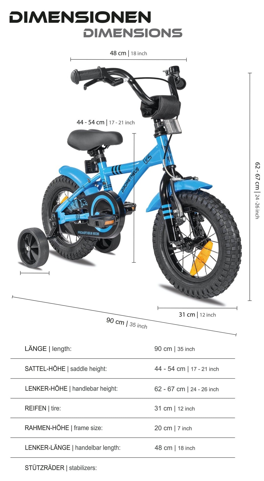 Kinderfahrrad 12 Zoll ab 3 Jahre mit Stützräder Blau & Schwarz – Kinderfahrrad 12 Zoll von prometheus - bikes | prometheus - bikes