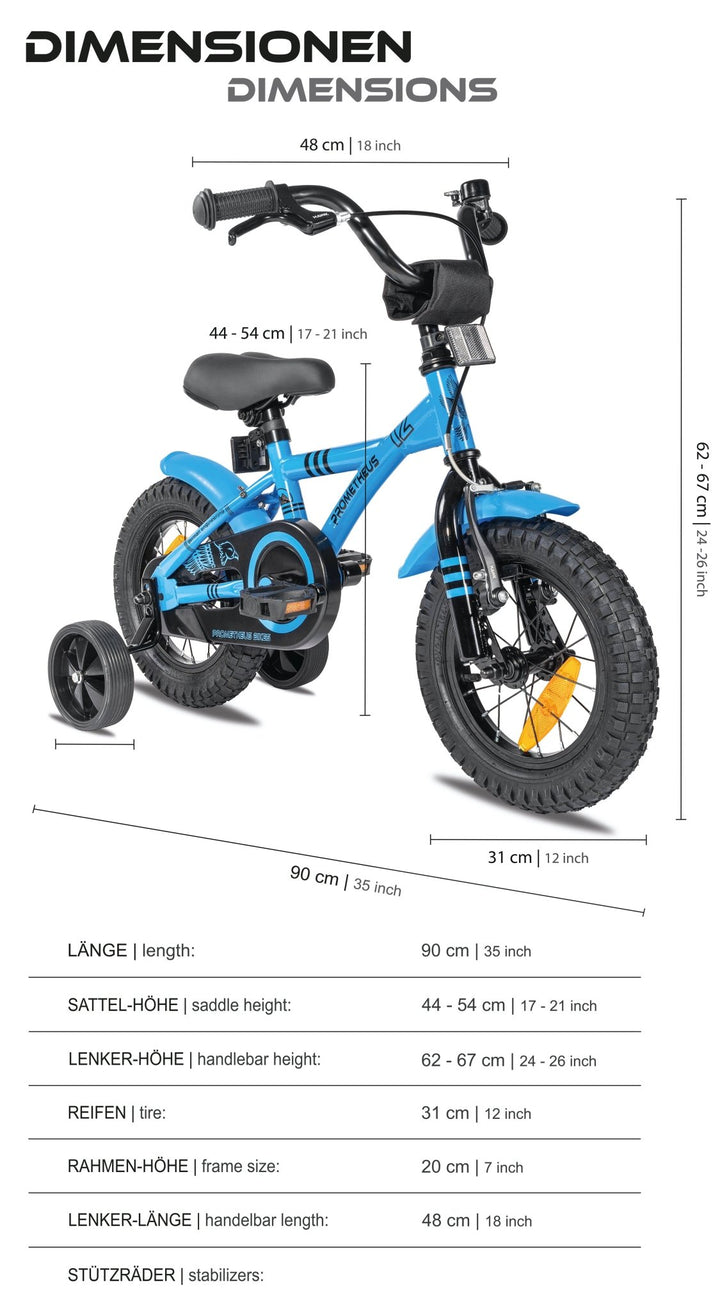 Kinderfahrrad 12 Zoll ab 3 Jahre mit Stützräder Blau & Schwarz – Kinderfahrrad 12 Zoll von prometheus - bikes | prometheus - bikes