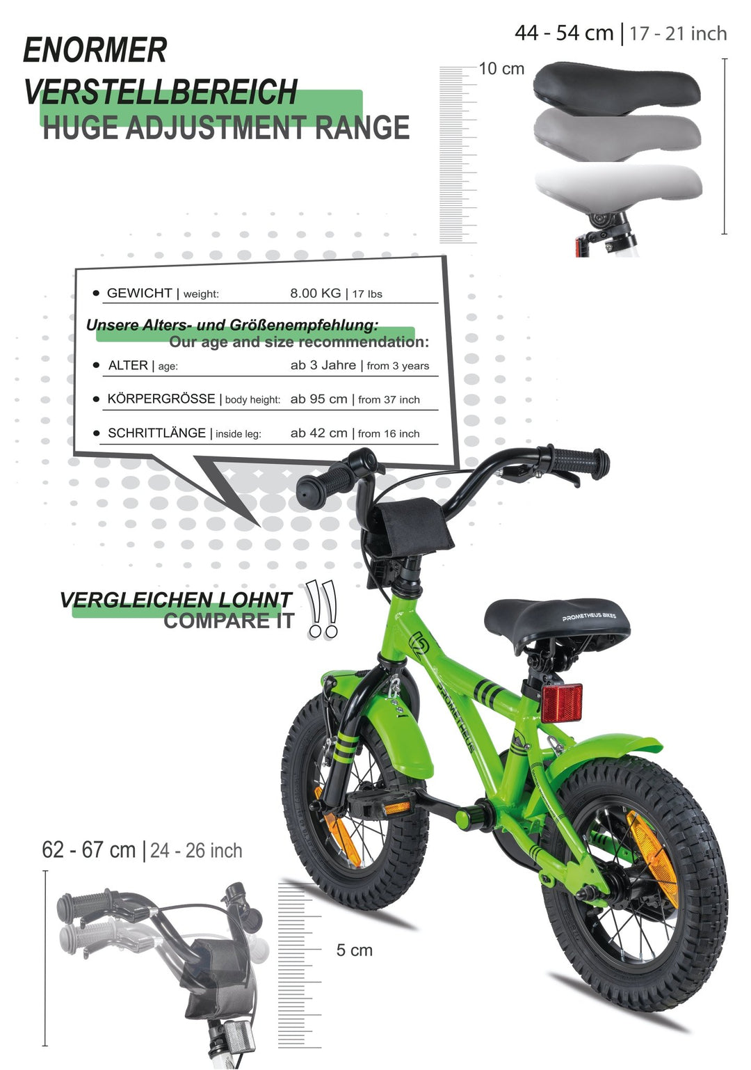 Kinderfahrrad 12 Zoll ab 3 Jahre mit Stützräder in Grün & Schwarz – Kinderfahrrad 12 Zoll von prometheus - bikes | prometheus - bikes