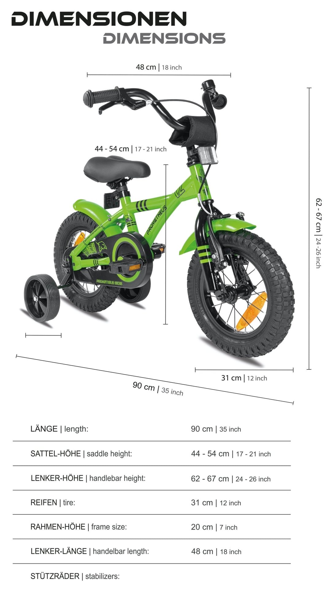 Kinderfahrrad 12 Zoll ab 3 Jahre mit Stützräder in Grün & Schwarz – Kinderfahrrad 12 Zoll von prometheus - bikes | prometheus - bikes