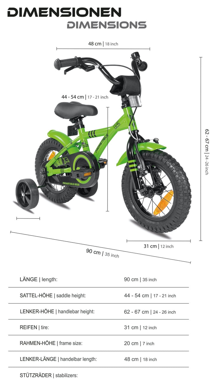 Kinderfahrrad 12 Zoll ab 3 Jahre mit Stützräder in Grün & Schwarz – Kinderfahrrad 12 Zoll von prometheus - bikes | prometheus - bikes