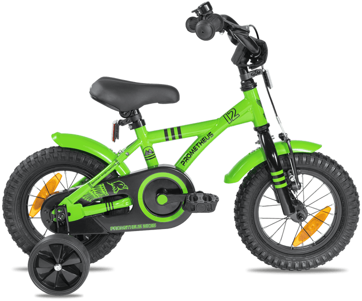 Kinderfahrrad 12 Zoll ab 3 Jahre mit Stützräder in Grün & Schwarz – Kinderfahrrad 12 Zoll von prometheus - bikes | prometheus - bikes