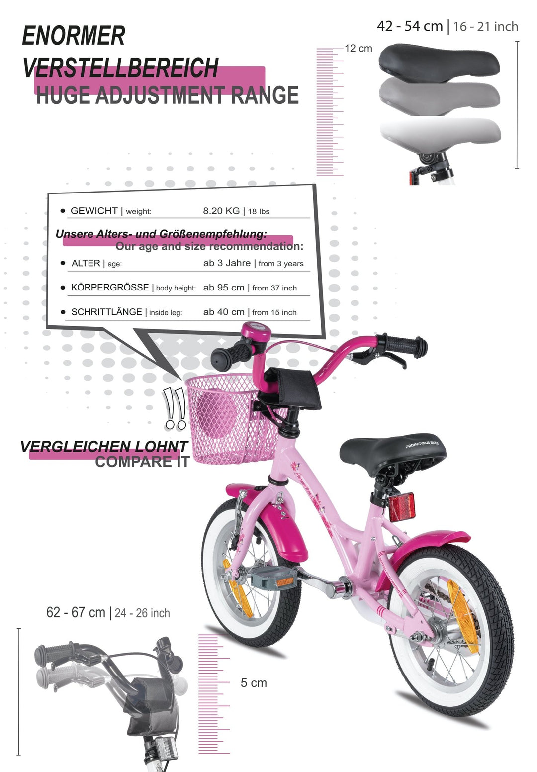 Kinderfahrrad 12 Zoll ab 3 Jahre mit Stützräder in Rosa & Weiß – Kinderfahrrad 12 Zoll von prometheus - bikes | prometheus - bikes