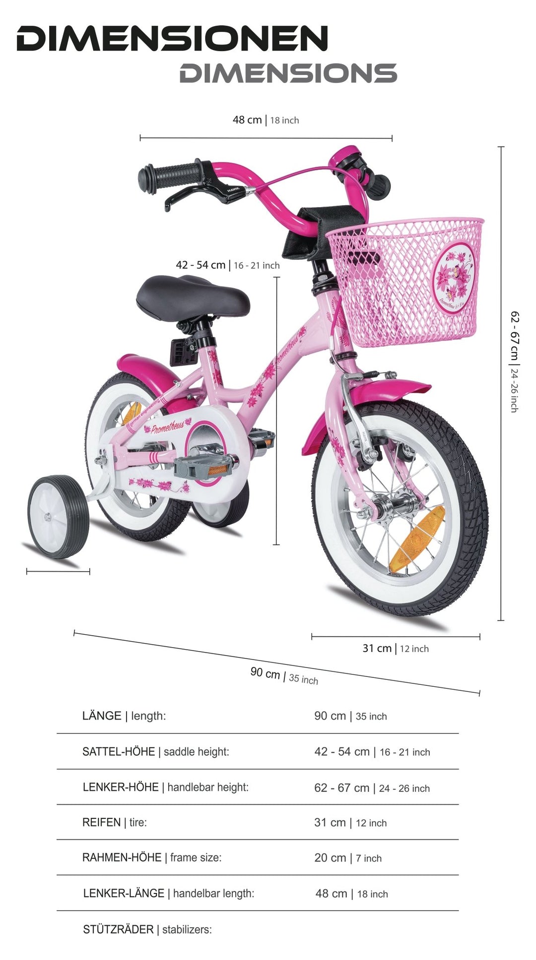 Kinderfahrrad 12 Zoll ab 3 Jahre mit Stützräder in Rosa & Weiß – Kinderfahrrad 12 Zoll von prometheus - bikes | prometheus - bikes