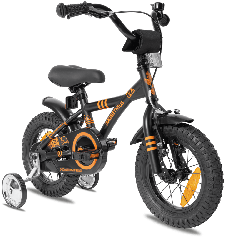 Kinderfahrrad 12 Zoll ab 3 Jahre mit Stützräder in Schwarz Matt & Orange – Kinderfahrrad 12 Zoll von prometheus - bikes | prometheus - bikes