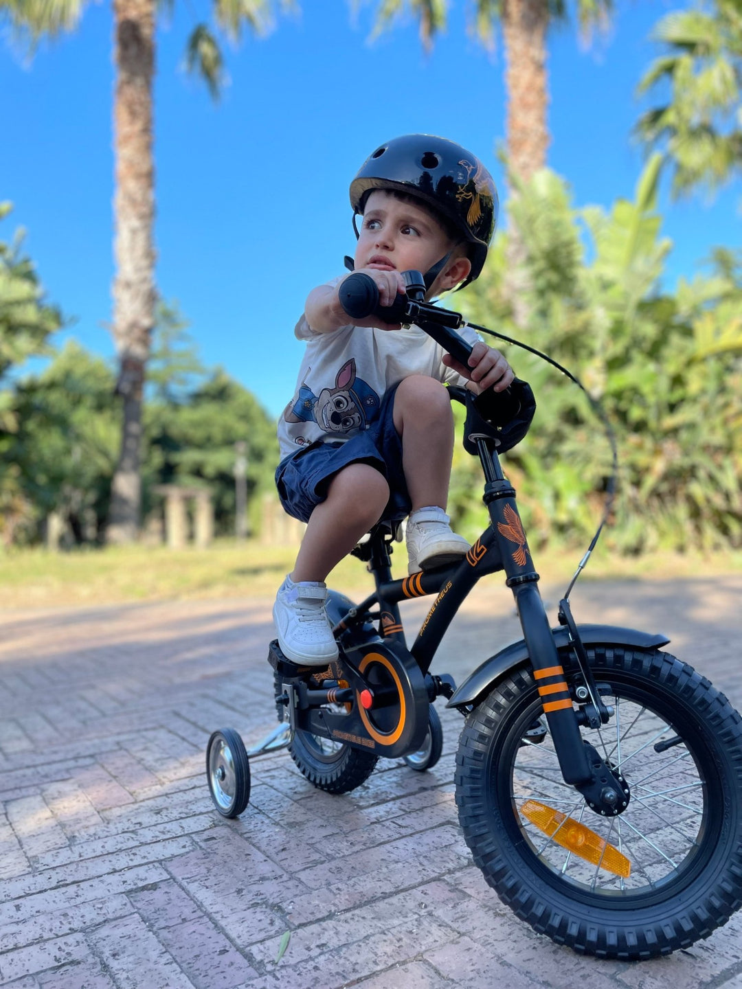 Kinderfahrrad 12 Zoll ab 3 Jahre mit Stützräder in Schwarz Matt & Orange – Kinderfahrrad 12 Zoll von prometheus - bikes | prometheus - bikes