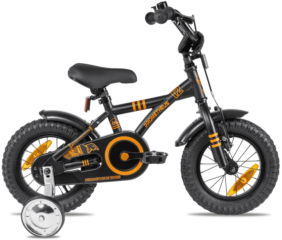Kinderfahrrad 12 Zoll ab 3 Jahre mit Stützräder in Schwarz Matt & Orange – Kinderfahrrad 12 Zoll von prometheus - bikes | prometheus - bikes