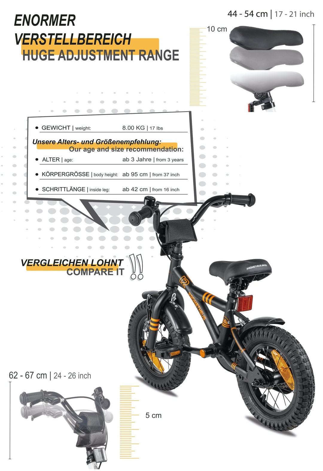 Kinderfahrrad 12 Zoll ab 3 Jahre mit Stützräder in Schwarz Matt & Orange – Kinderfahrrad 12 Zoll von prometheus - bikes | prometheus - bikes