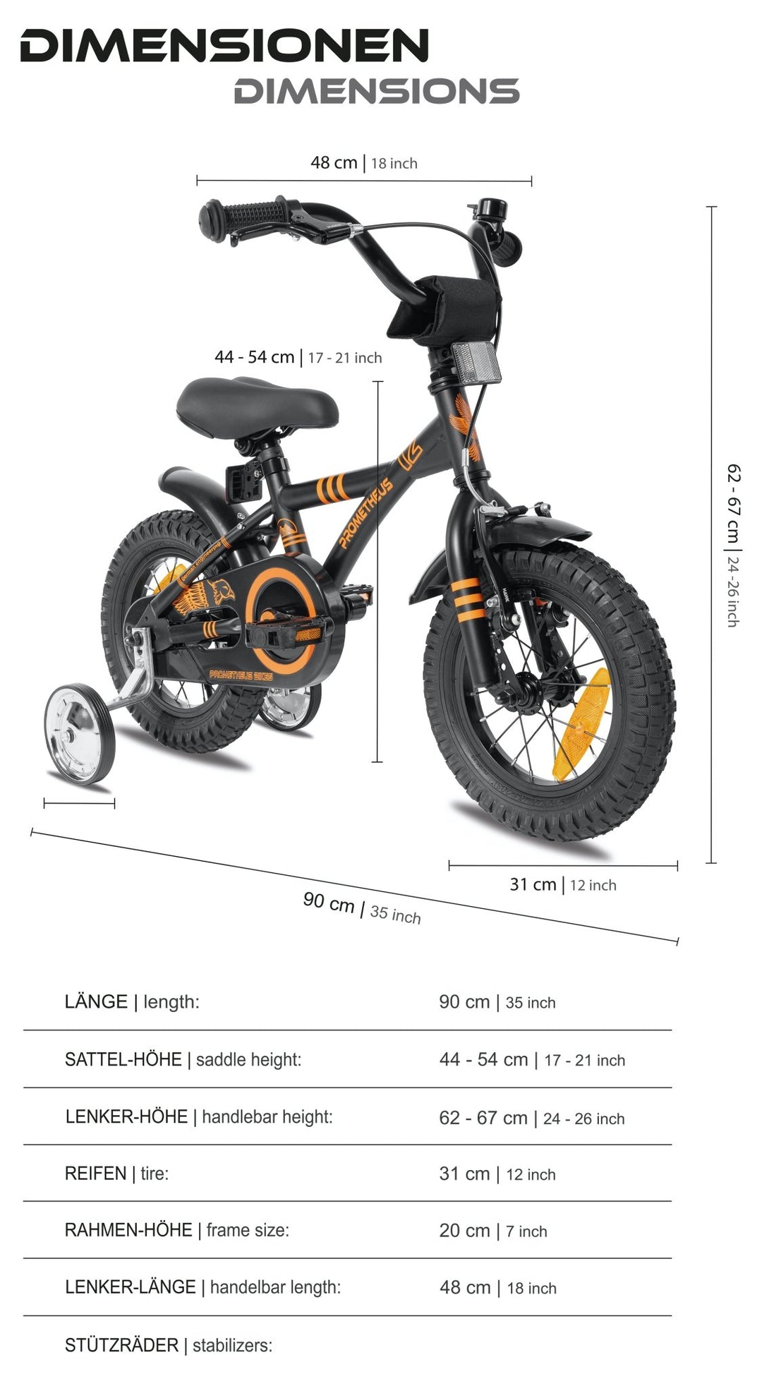 Kinderfahrrad 12 Zoll ab 3 Jahre mit Stützräder in Schwarz Matt & Orange – Kinderfahrrad 12 Zoll von prometheus - bikes | prometheus - bikes