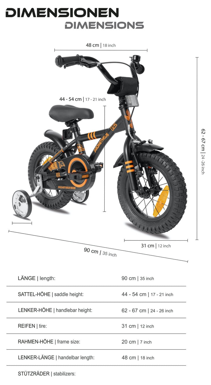 Kinderfahrrad 12 Zoll ab 3 Jahre mit Stützräder in Schwarz Matt & Orange – Kinderfahrrad 12 Zoll von prometheus - bikes | prometheus - bikes