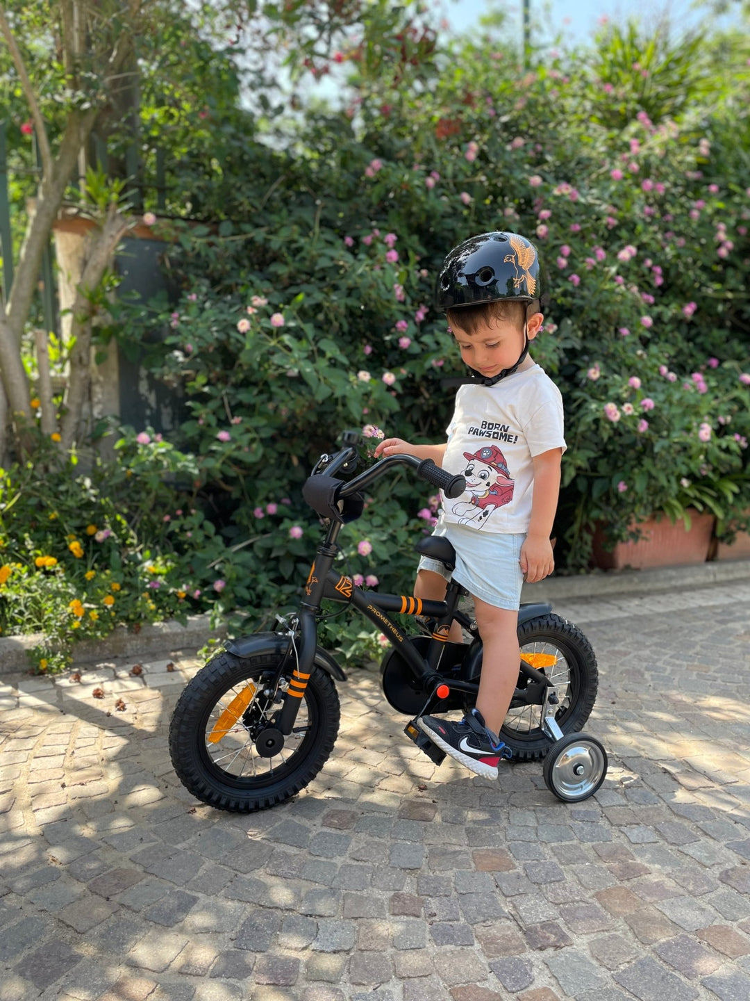 Kinderfahrrad 12 Zoll ab 3 Jahre mit Stützräder in Schwarz Matt & Orange – Kinderfahrrad 12 Zoll von prometheus - bikes | prometheus - bikes