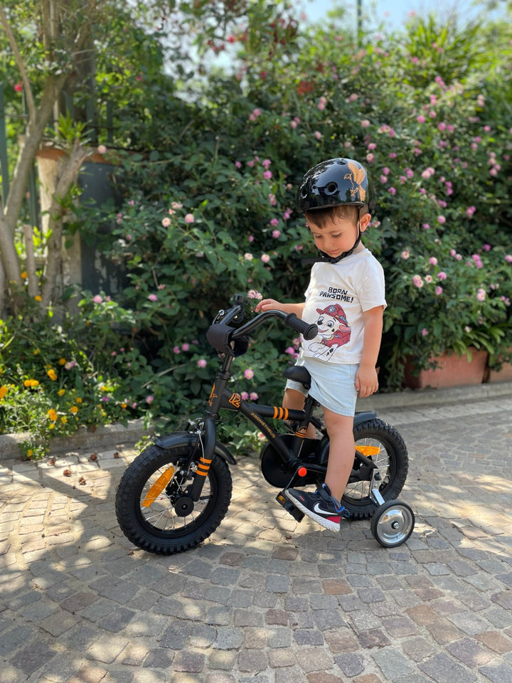 Kinderfahrrad 12 Zoll ab 3 Jahre mit Stützräder in Schwarz Matt & Orange – Kinderfahrrad 12 Zoll von prometheus - bikes | prometheus - bikes