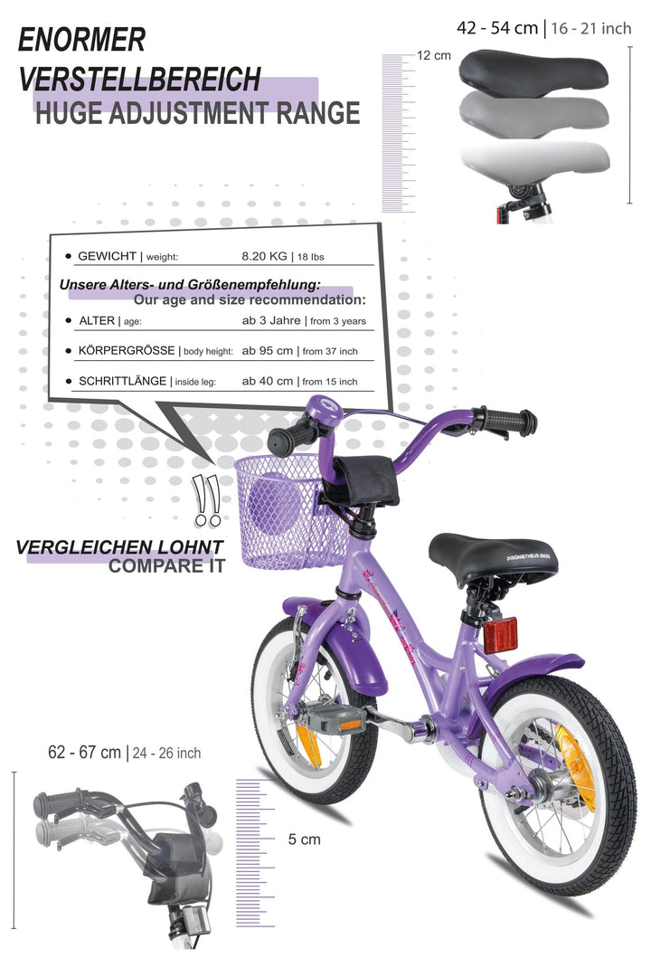 Kinderfahrrad 12 Zoll ab 3 Jahre mit Stützräder in Violett & Weiß – Kinderfahrrad 12 Zoll von prometheus - bikes | prometheus - bikes