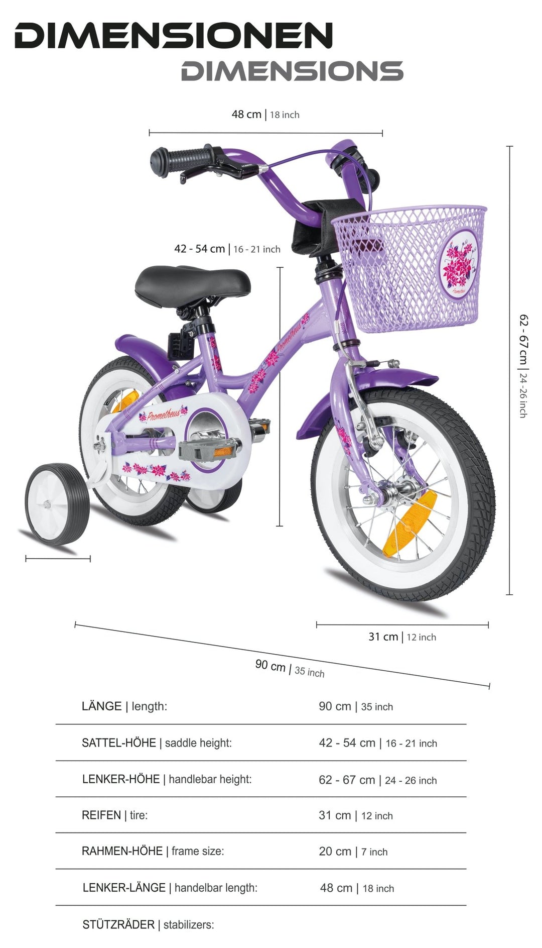 Kinderfahrrad 12 Zoll ab 3 Jahre mit Stützräder in Violett & Weiß – Kinderfahrrad 12 Zoll von prometheus - bikes | prometheus - bikes