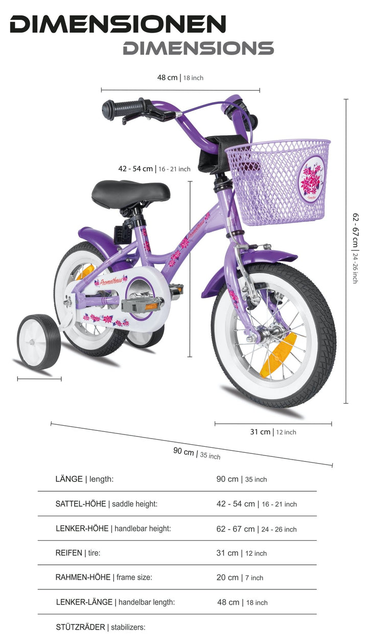 Kinderfahrrad 12 Zoll ab 3 Jahre mit Stützräder in Violett & Weiß – Kinderfahrrad 12 Zoll von prometheus - bikes | prometheus - bikes