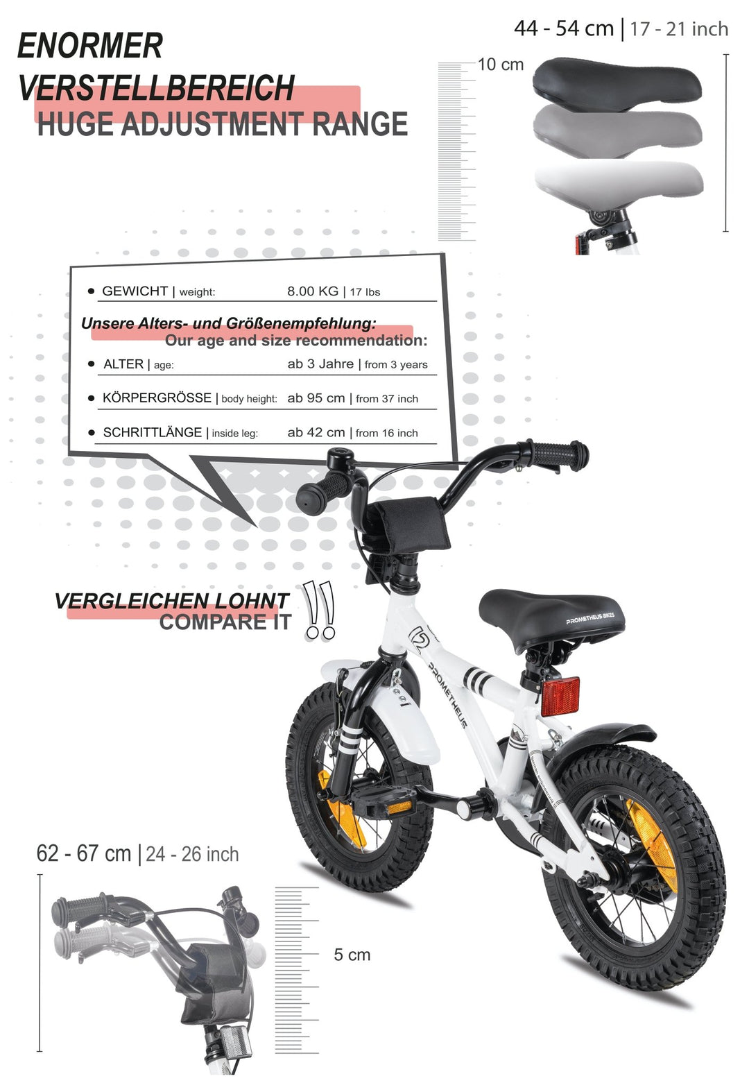 Kinderfahrrad 12 Zoll ab 3 Jahre mit Stützräder Weiss & Schwarz – Kinderfahrrad 12 Zoll von prometheus - bikes | prometheus - bikes