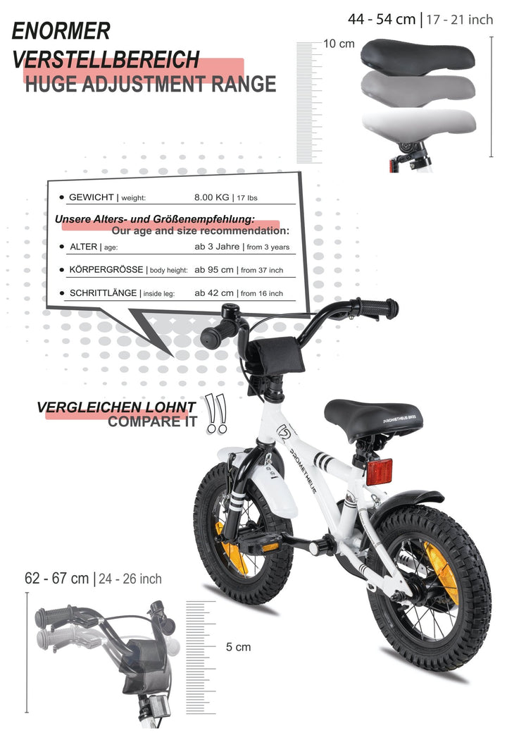 Kinderfahrrad 12 Zoll ab 3 Jahre mit Stützräder Weiss & Schwarz – Kinderfahrrad 12 Zoll von prometheus - bikes | prometheus - bikes