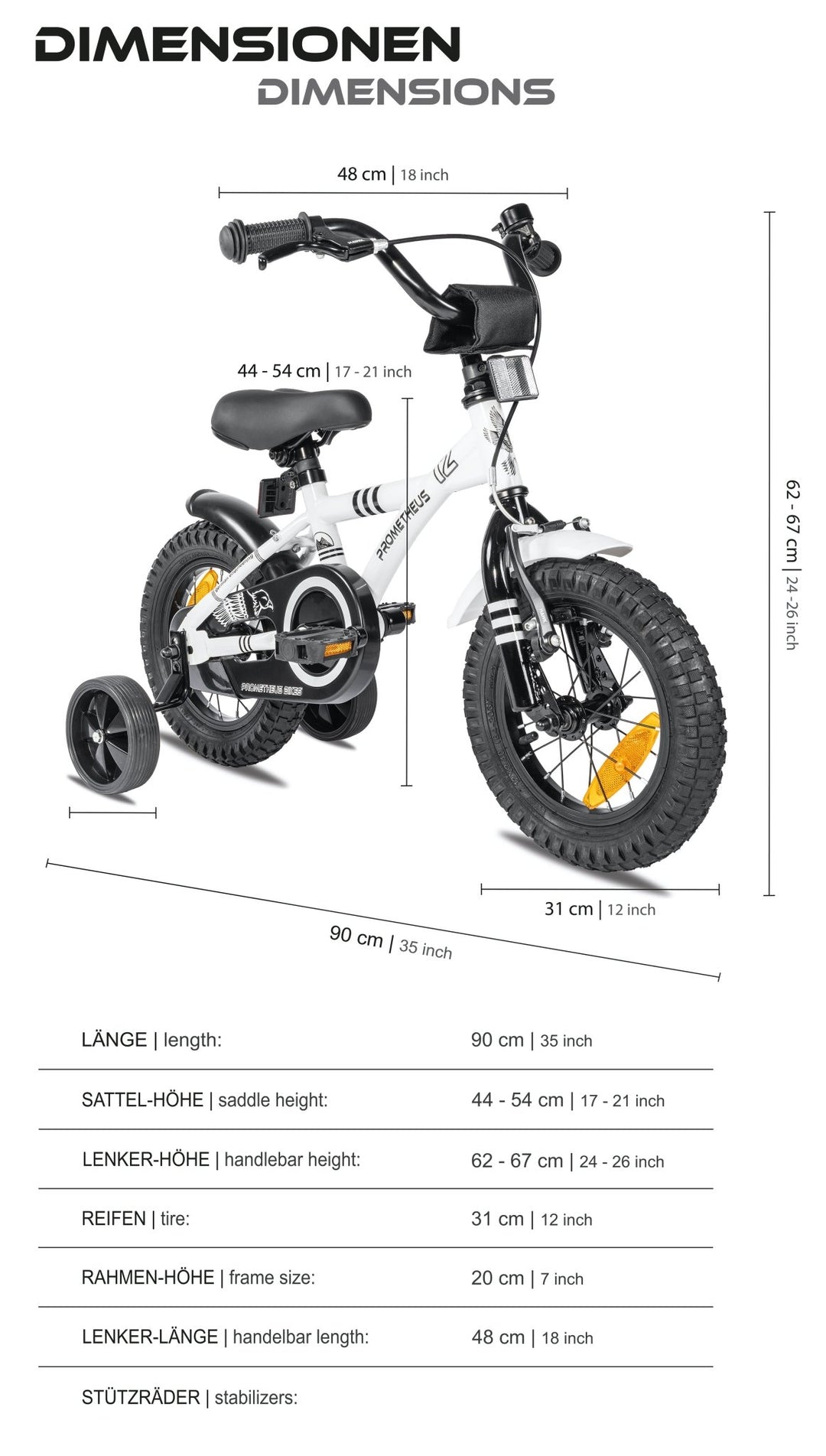 Kinderfahrrad 12 Zoll ab 3 Jahre mit Stützräder Weiss & Schwarz – Kinderfahrrad 12 Zoll von prometheus - bikes | prometheus - bikes