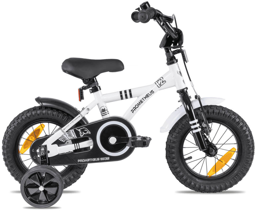 Kinderfahrrad 12 Zoll ab 3 Jahre mit Stützräder Weiss & Schwarz – Kinderfahrrad 12 Zoll von prometheus - bikes | prometheus - bikes