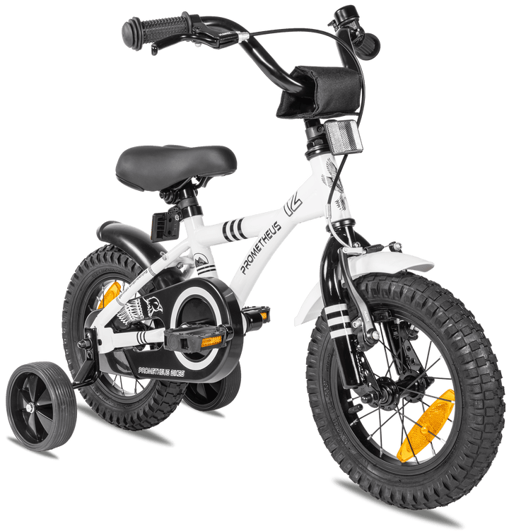 Kinderfahrrad 12 Zoll ab 3 Jahre mit Stützräder Weiss & Schwarz – Kinderfahrrad 12 Zoll von prometheus - bikes | prometheus - bikes