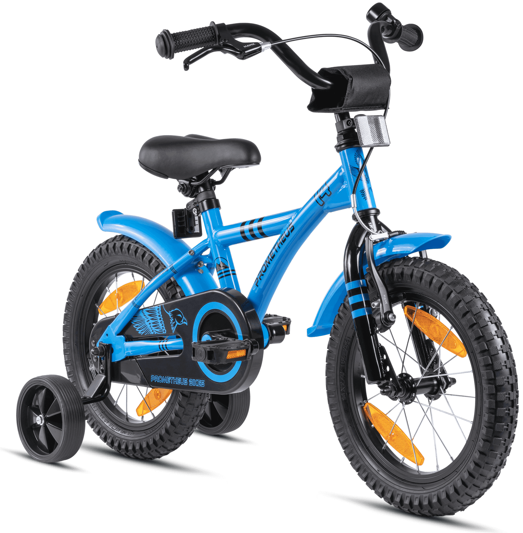kinderfahrrad prometheus 14 zoll kids' bike 14 inch from 3-4 years with stabilisers in blue & black