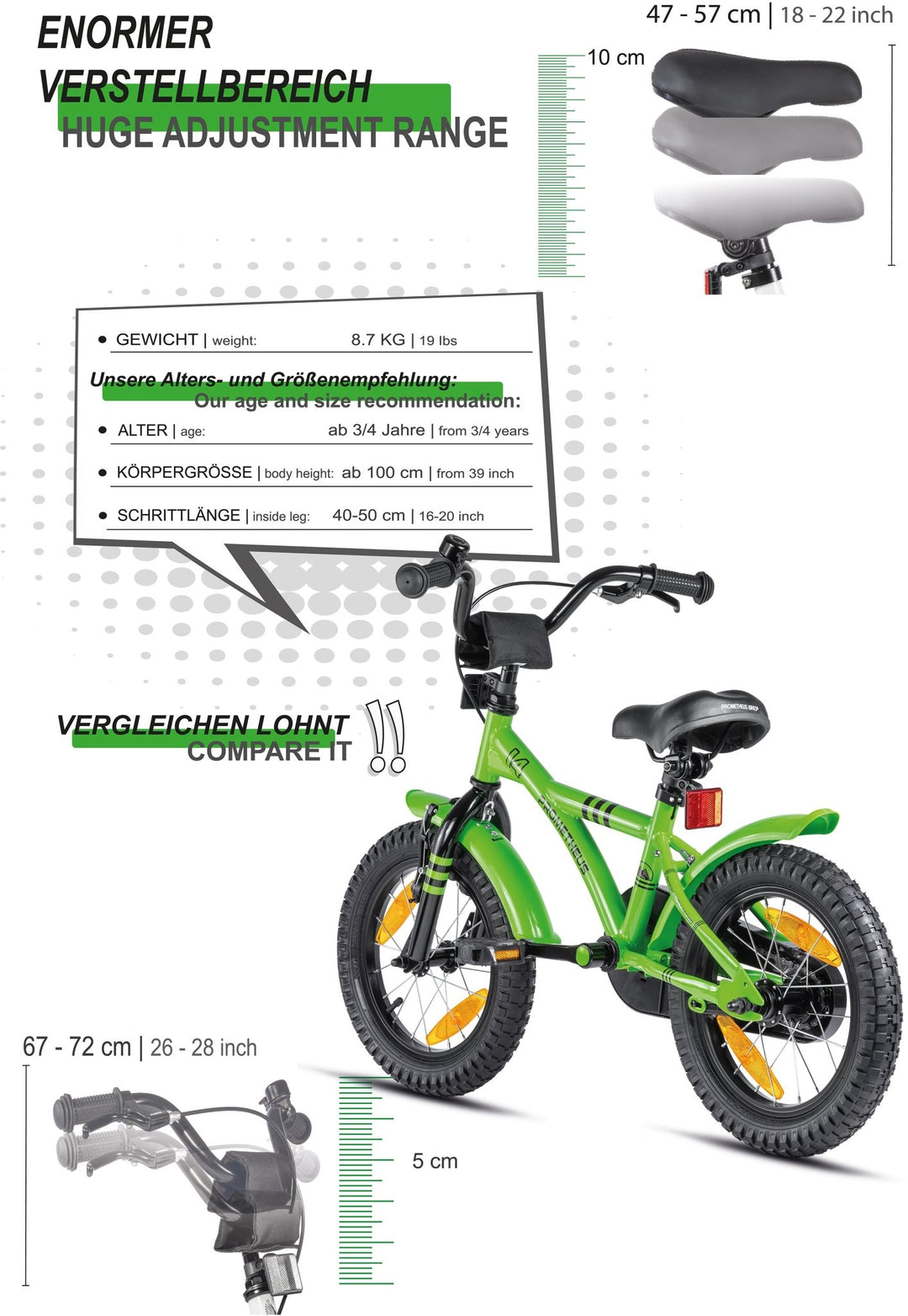 Kinderfahrrad 14 Zoll ab 3 - 4 Jahre mit Stützräder in Grün & Schwarz – Kinderfahrrad 14 Zoll von prometheus - bikes | prometheus - bikes
