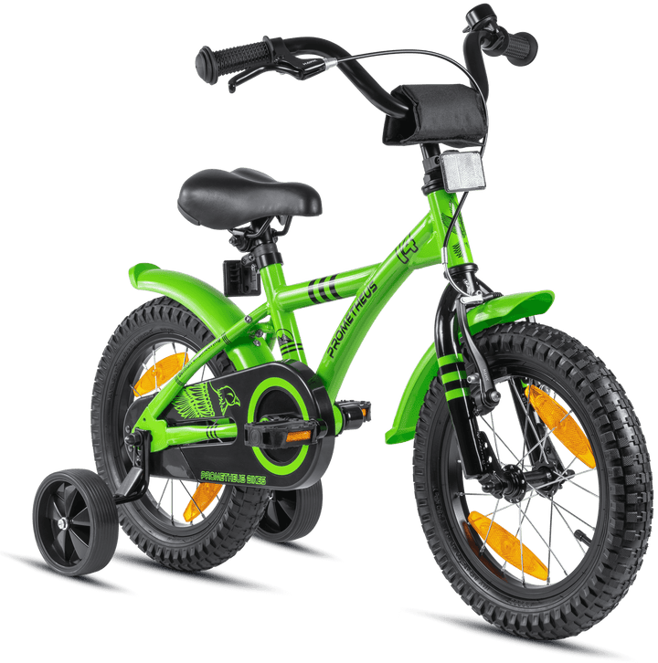 Kinderfahrrad 14 Zoll ab 3 - 4 Jahre mit Stützräder in Grün & Schwarz – Kinderfahrrad 14 Zoll von prometheus - bikes | prometheus - bikes