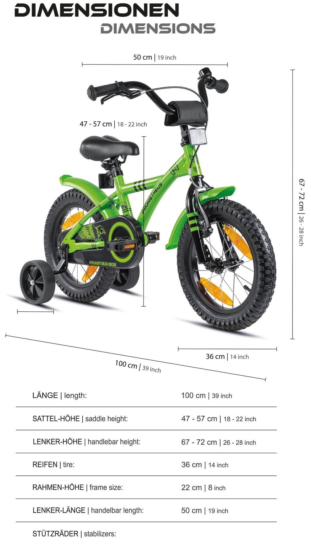Kinderfahrrad 14 Zoll ab 3 - 4 Jahre mit Stützräder in Grün & Schwarz – Kinderfahrrad 14 Zoll von prometheus - bikes | prometheus - bikes