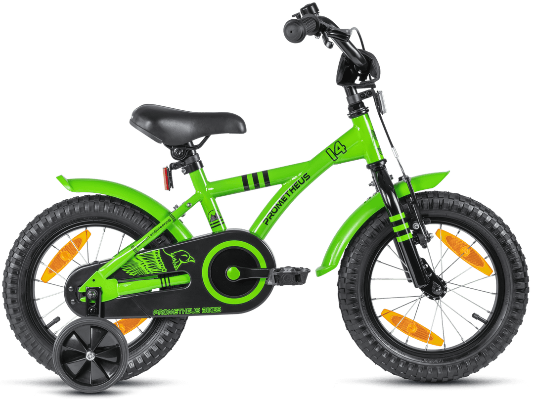 Kinderfahrrad 14 Zoll ab 3 - 4 Jahre mit Stützräder in Grün & Schwarz – Kinderfahrrad 14 Zoll von prometheus - bikes | prometheus - bikes