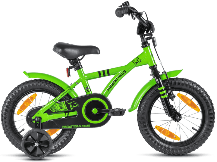Kinderfahrrad 14 Zoll ab 3 - 4 Jahre mit Stützräder in Grün & Schwarz – Kinderfahrrad 14 Zoll von prometheus - bikes | prometheus - bikes