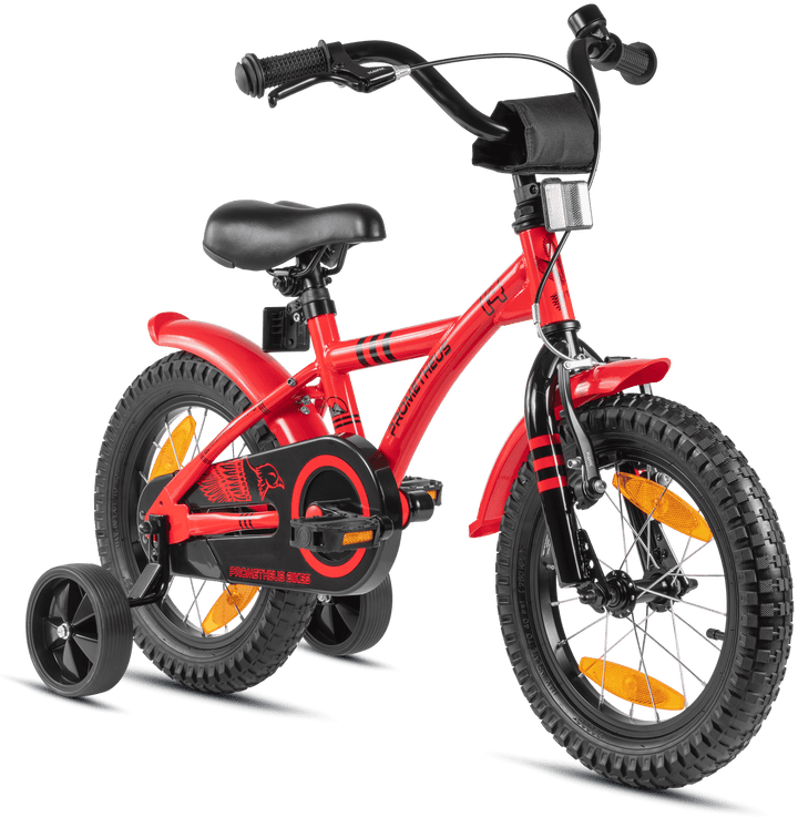 Kinderfahrrad 14 Zoll ab 3 - 4 Jahre mit Stützräder in Rot & Schwarz – Kinderfahrrad 14 Zoll von prometheus - bikes | prometheus - bikes
