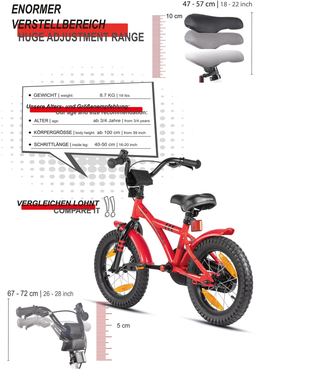 Kinderfahrrad 14 Zoll ab 3 - 4 Jahre mit Stützräder in Rot & Schwarz – Kinderfahrrad 14 Zoll von prometheus - bikes | prometheus - bikes