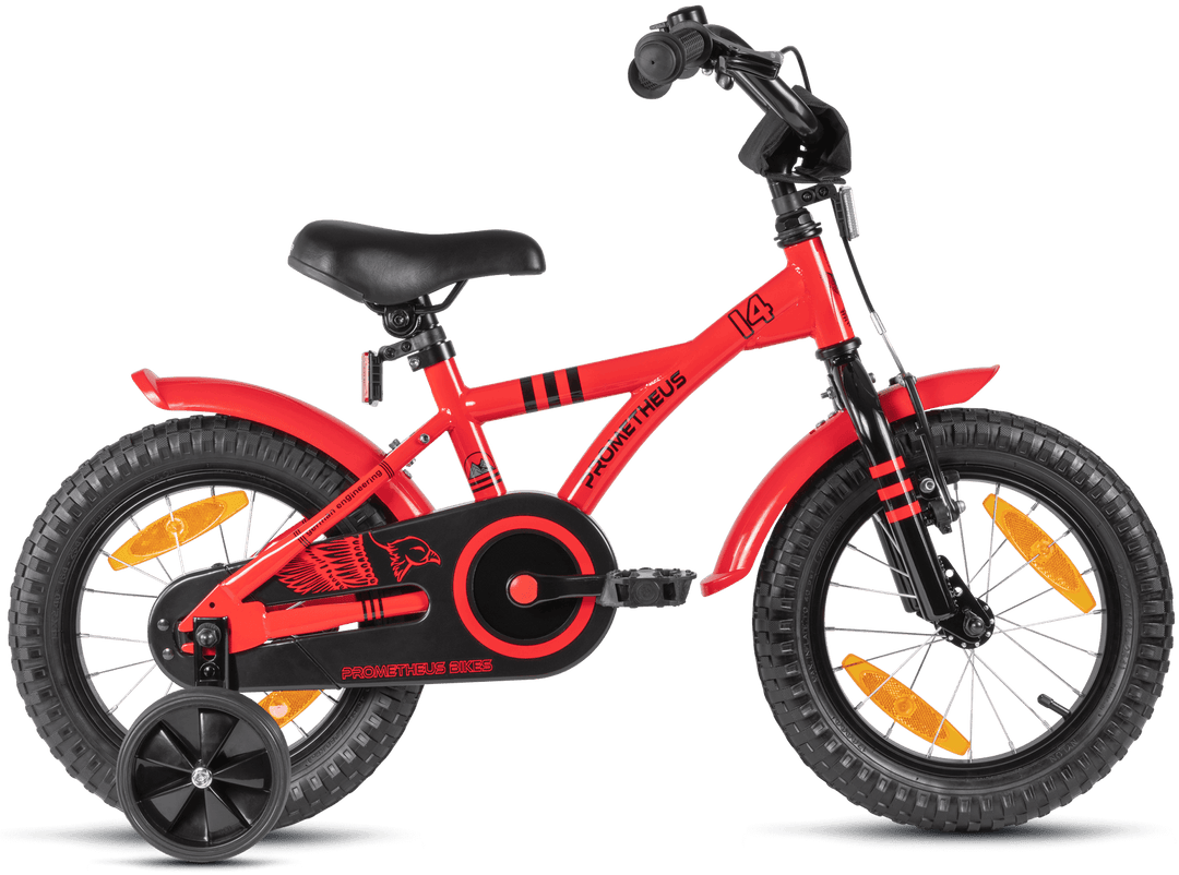 Kinderfahrrad 14 Zoll ab 3 - 4 Jahre mit Stützräder in Rot & Schwarz – Kinderfahrrad 14 Zoll von prometheus - bikes | prometheus - bikes