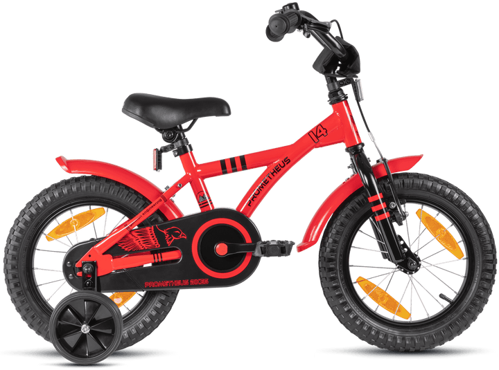 Kinderfahrrad 14 Zoll ab 3 - 4 Jahre mit Stützräder in Rot & Schwarz – Kinderfahrrad 14 Zoll von prometheus - bikes | prometheus - bikes