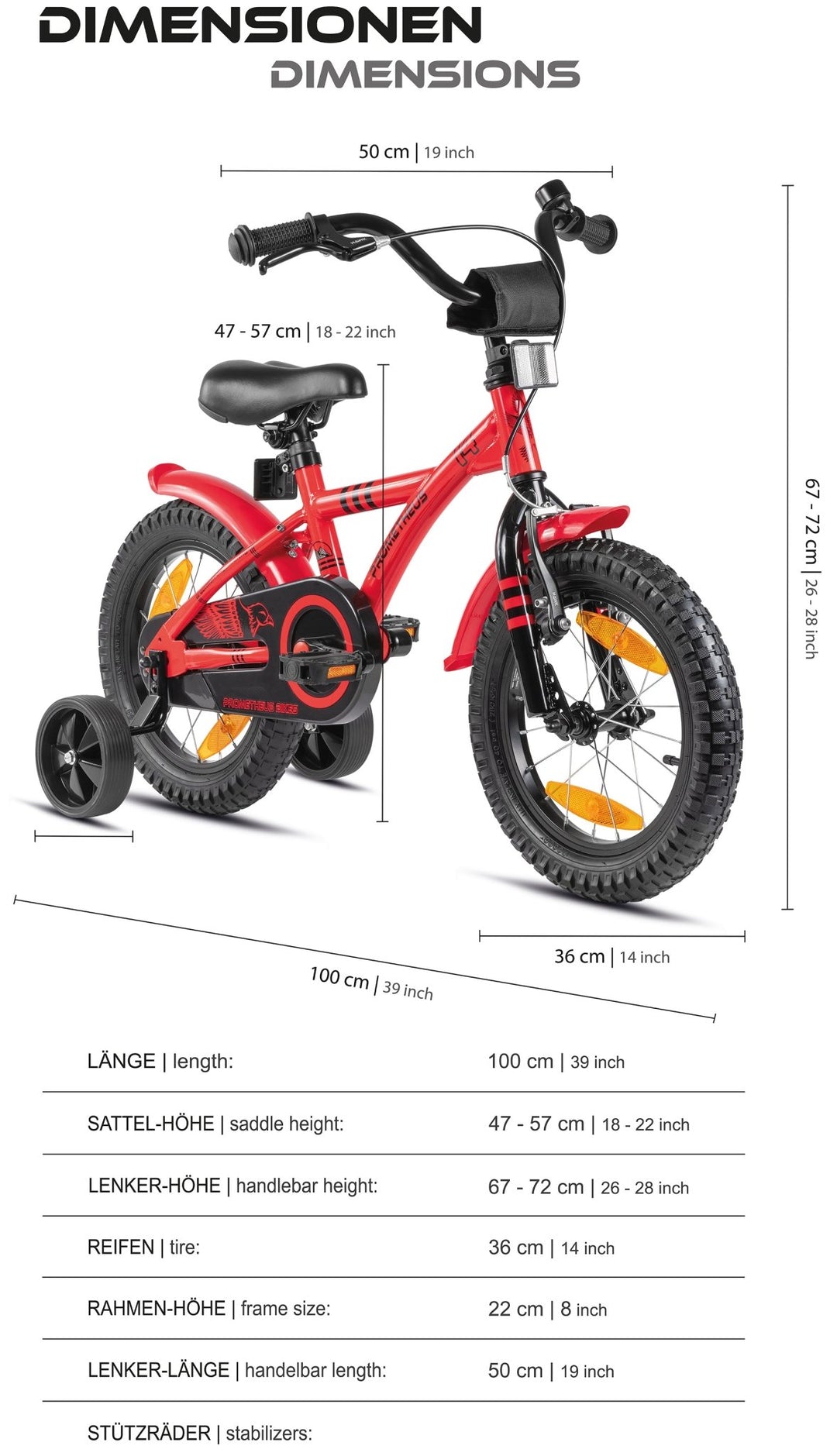 Kinderfahrrad 14 Zoll ab 3 - 4 Jahre mit Stützräder in Rot & Schwarz – Kinderfahrrad 14 Zoll von prometheus - bikes | prometheus - bikes