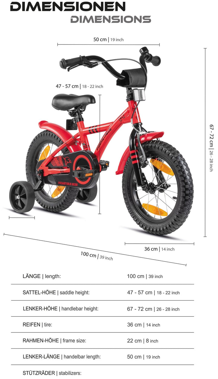 Kinderfahrrad 14 Zoll ab 3 - 4 Jahre mit Stützräder in Rot & Schwarz – Kinderfahrrad 14 Zoll von prometheus - bikes | prometheus - bikes