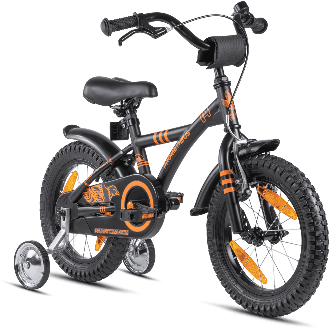 kinderfahrrad 14 zoll orange Kinderfahrrad 14 Zoll ab 3-4 Jahre mit Stützräder in Schwarz Matt & Or – prometheus-bikes